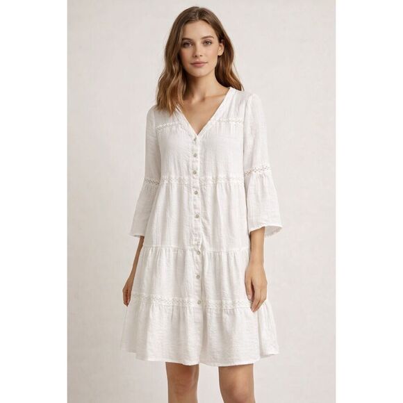 Indigo Rose Dresses & Skirts - indigo Rose White Boho Tiered Dress Lace Button Front Size M